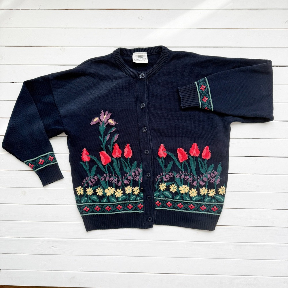 vtg Concept Knitwear navy blue floral embroidered cotton cardigan sweater‎ XL